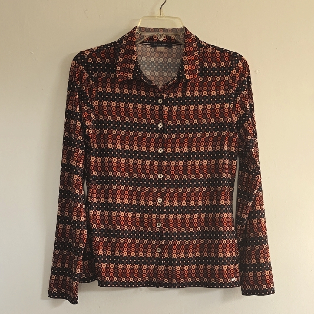 Tommy Hilfiger collard long sleeve button-up blouse groovy circles